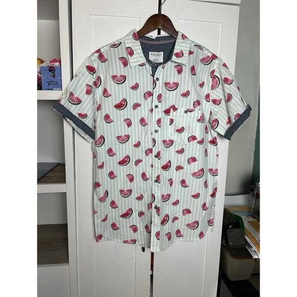 Distortion Mens Button Down Blue Striped‎ Watermelon Print Shirt Size Large Nwt - Picture 1 of 8